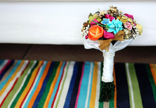 Stunning and vibrant orange, pink, turquoise bridal brooch bouquet