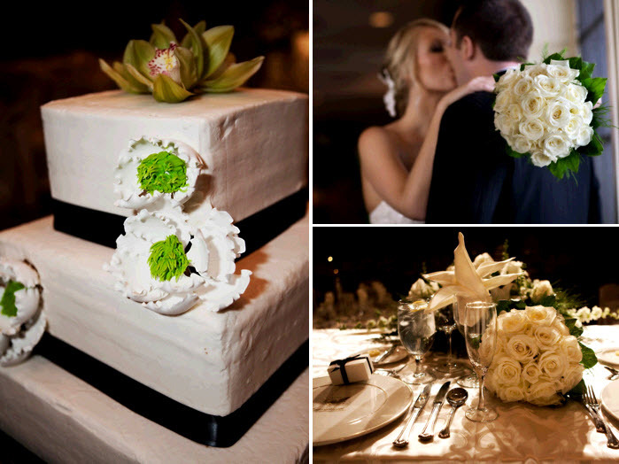 White-square-three-tier-wedding-cake-black-lime-green-details-ivory-rose-bridal-bouqet.full