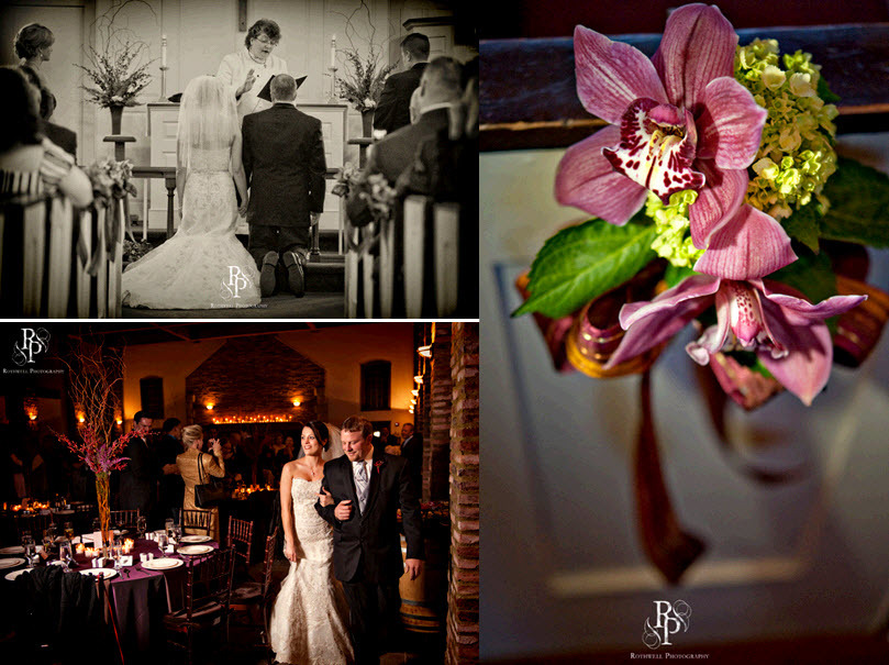 Bride-and-groom-kneel-at-alter-traditional-church-ceremony-beautiful-purple-green-orchids-decorate-door.full