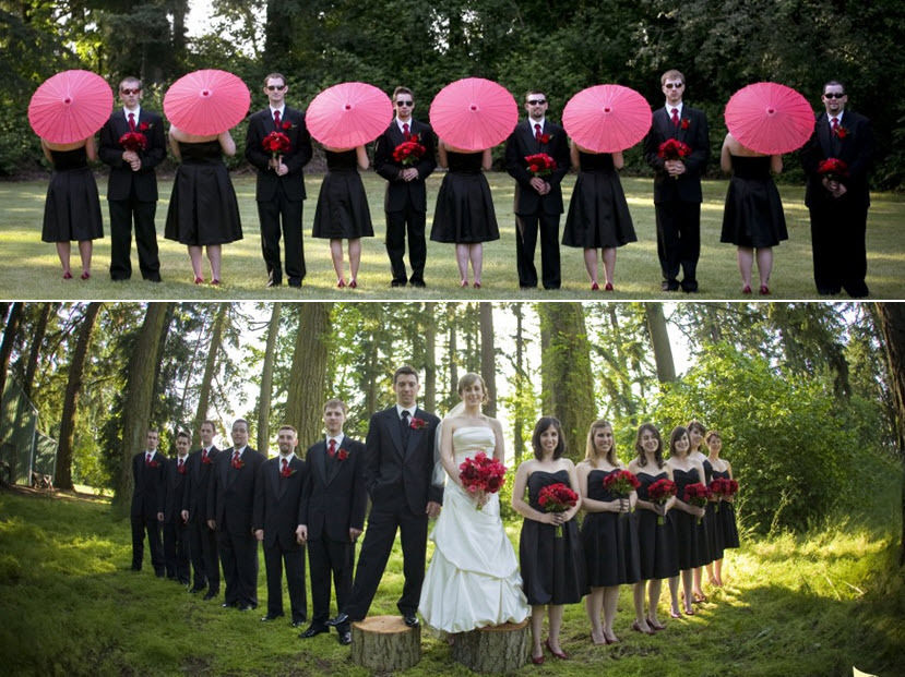 Hot-pink-black-red-outdoor-wedding-young-fun-vibe-pink-parasols-white-strapless-wedding-dress.full