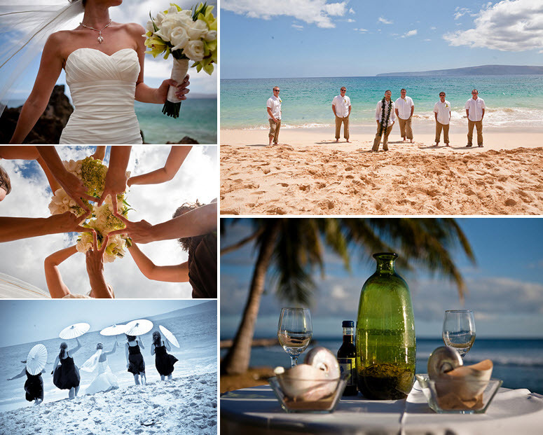 Tropical-maui-destination-wedding-beach-casua-white-khaki-parasols-white-rose-bridal-bouquet.full