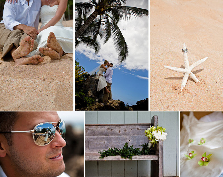 Tropical-maui-destination-wedding-on-beach-sand-starfish-with-wedding-bands-bride-groom-kiss-under-palm-tree.full