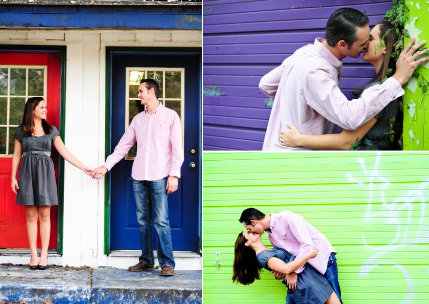 Talahassee-florida-colorful-engagement-session-blue-and-red-doors-groom-dips-kisses-bride-green-purple-background.full