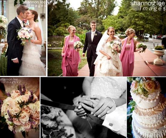 Bride and groom kiss after saying I Do; bridesmaids in pink dresses; gorgeous ivory and peach classi