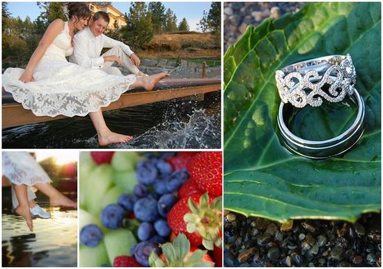 Bride in ivory lace wedding dress sits with casual groom on the dock; diamond wedding bands atop lea