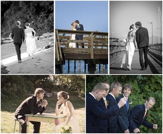 Bride and groom walk hand in hand on the beach, kiss on the dock