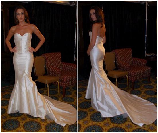 Nicole Miller strapless wedding dress with fishtail train- based on a dress she designed for the upc