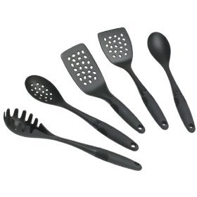 photo of This five piece black OXO kitchen utensil set has everything you need, including a pasta spoon, two 