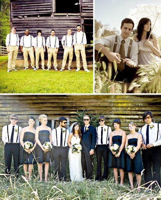 Beautiful outdoor wedding party photos; groomsmen casual in suspenders, white shirt, and khakis
