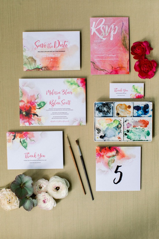 Pink watercolor floral wedding invitation suite