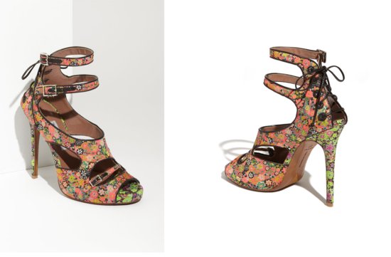 photo of Coral and lime green floral wedding shoes