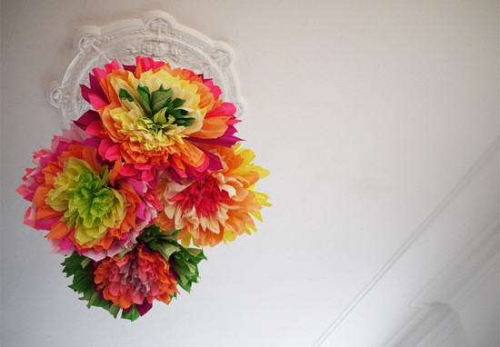 photo of colorful wedding DIY project reception decor crepe paper flowers 14