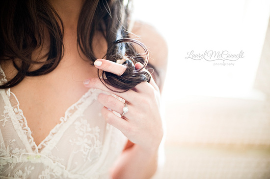 romantic bridal boudoir wedding photo diamond engagement ring