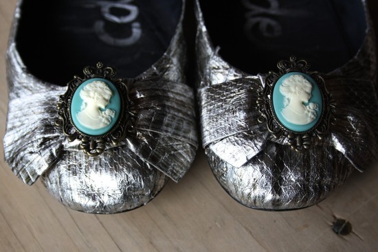 photo of Silver bridal ballet flats, cameo shoe clips