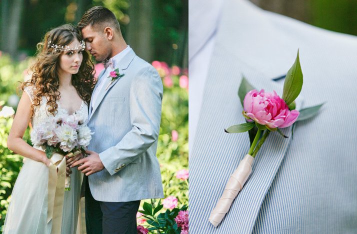 Romantic-garden-wedding-bride-wears-lace-wedding-dress-floral-crown-poses-with-groom.full