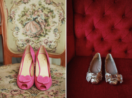 photo of love filled real wedding pink wedding shoes