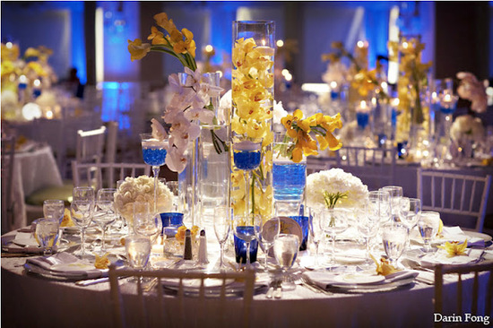 photo of details hotel del coronado cobalt white yellow wedding centerpiece 1