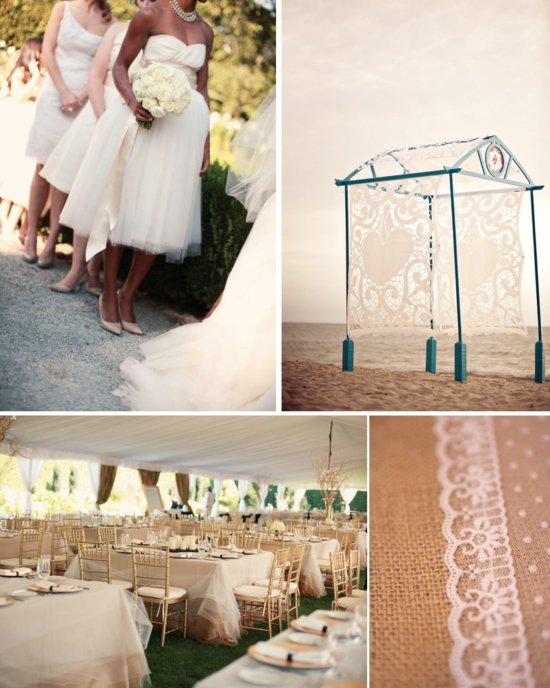 romantic wedding inspiration tulle reception table cloths lace adorned wedding cake outdoor wedding