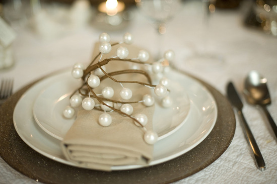 photo of elegant rustic winter wedding reception place setting