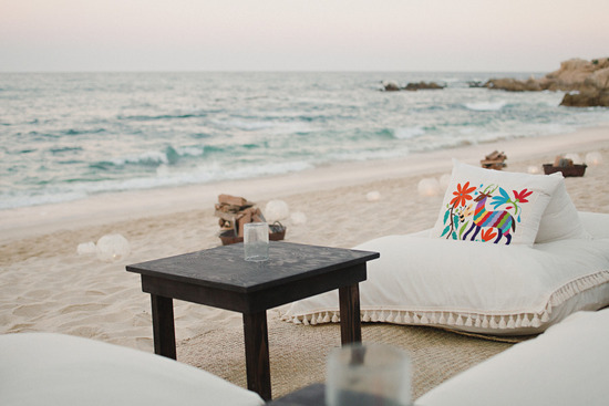 photo of beach wedding linen lounge area at reception