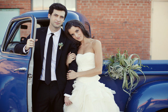 photo of low key real wedding bride wears ivory sweetheart wedding dress