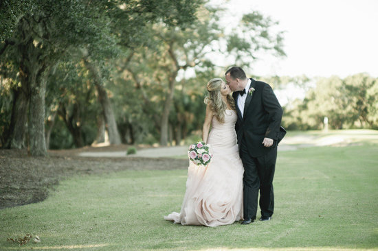 photo of pink vera wang wedding dress