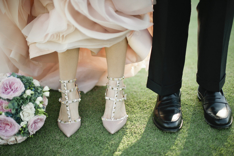 Pink-wedding-dress-and-bridal-heels.full