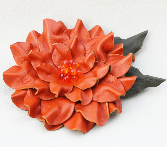 photo of Orange Dahlia Leather Brooch from Etsy