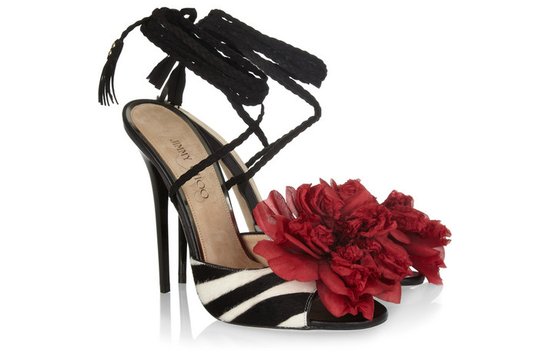funky wedding shoes jimmy choo zebra with red flower