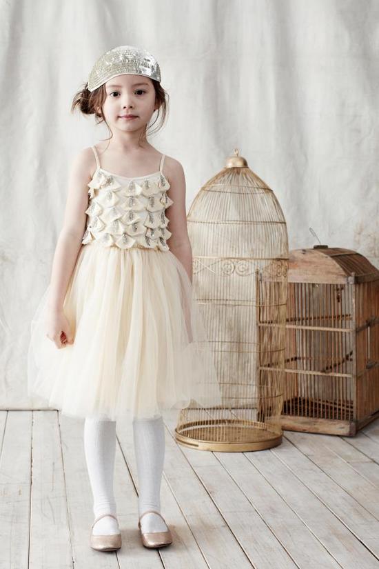 photo of ivory flower girl dress cute sequin hat
