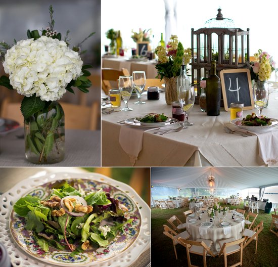 photo of elegant outdoor wedding catering tablescapes and mason jar centerpieces