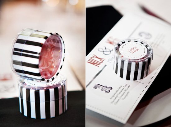 photo of wedding reception guest favors black white red candy