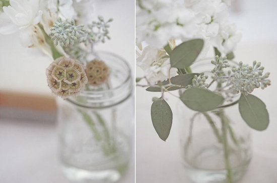 photo of romantic eco chic wedding reception centerpieces simple