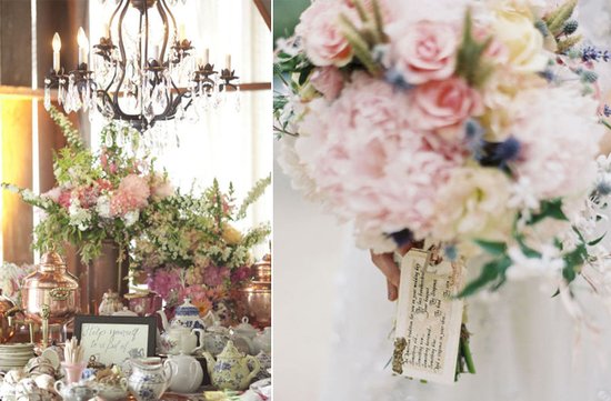 romantic vintage wedding reception decor flowers pastel centerpieces