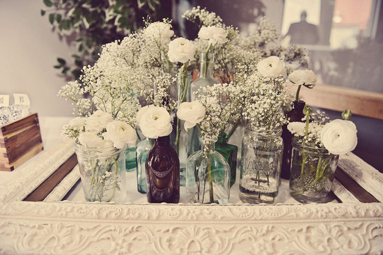vintage wedding reception flowers white centerpieces mason jars