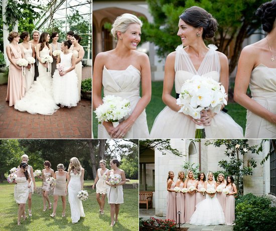 photo of neutral bridesmaids dresses mix and match blush taupe champagne