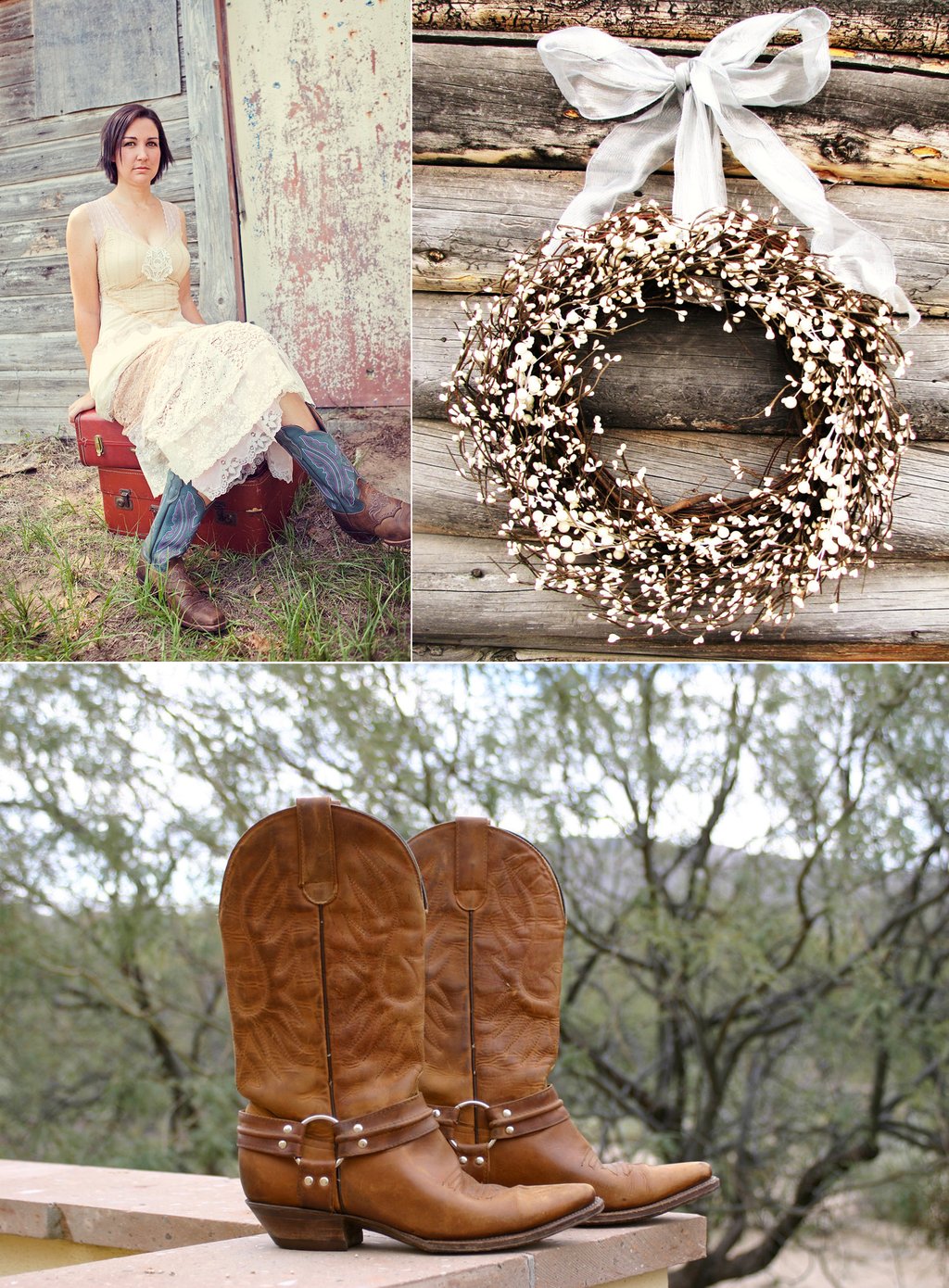 Country-western-themed-wedding-bride-wears-cowboy-boots-rustic-reception-decor.full
