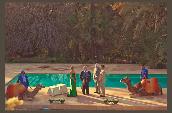 photo of desert wedding offbeat wedding style casual outdoor wedding poolside