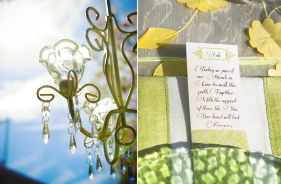 photo of elegant garden wedding green yellow chandelier reception decor