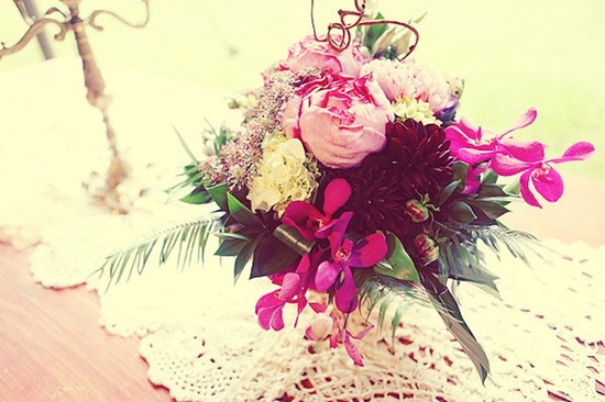 all white wedding with modern pops of color pink bridal bouquet