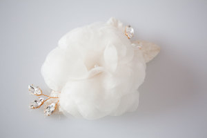 photo of ivory wedding hair flower romantic bridal style gold crystal touches