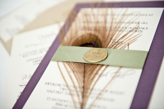 photo of Eggplant and sage peacock wedding invites
