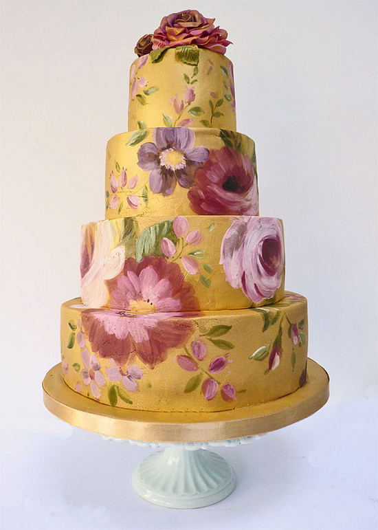 photo of elegant painted wedding cakes for spring gold purple pink