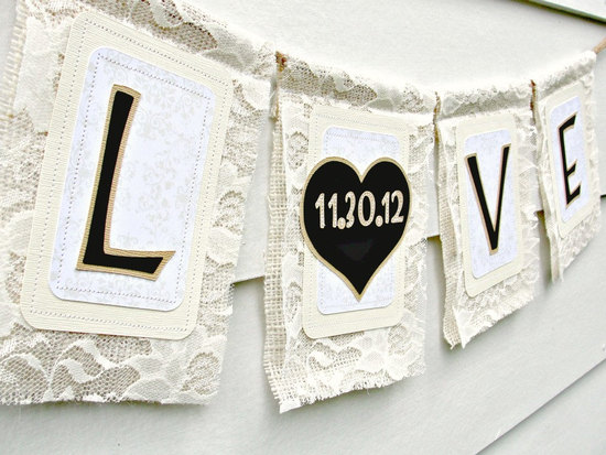 photo of LOVE lace and burlap wedding sign