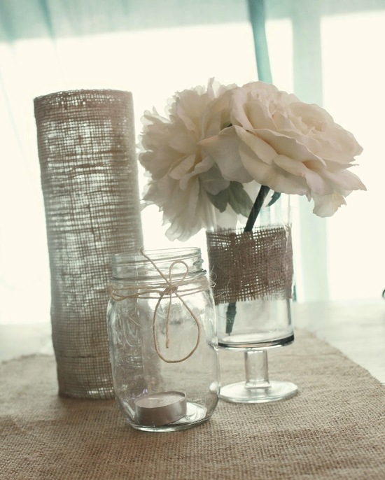 simple elegant wedding reception centerpieces burlap wrapped vases mason jars