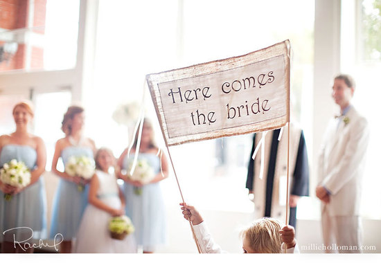 photo of Here Comes the Bride burlap wedding sign