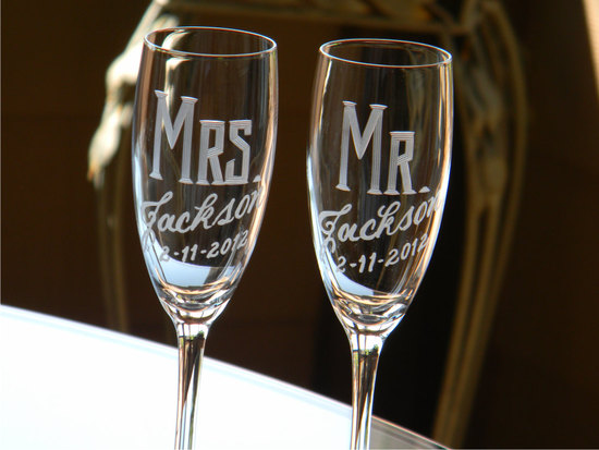 creative wedding ideas from Etsy Mr and Mrs decor champagne flutes