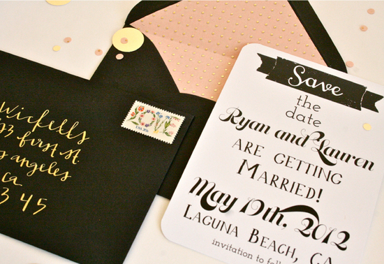 photo of wedding invitations to obsess over black ecru peach gold