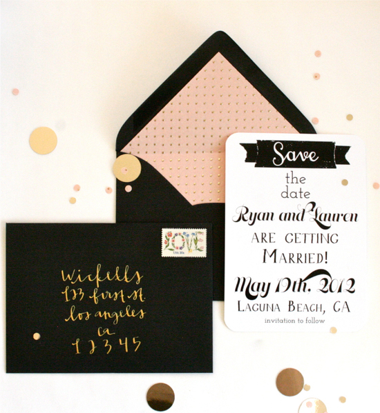 photo of wedding invitations to obsess over black ecru peach gold
