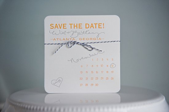 photo of elegant letterpress wedding save the date calendar design marigold navy